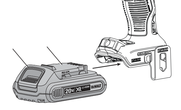 Installing and Removing the Battery Pack - Ilustração do manual DeWalt DCD791D2 (Pág. 14)