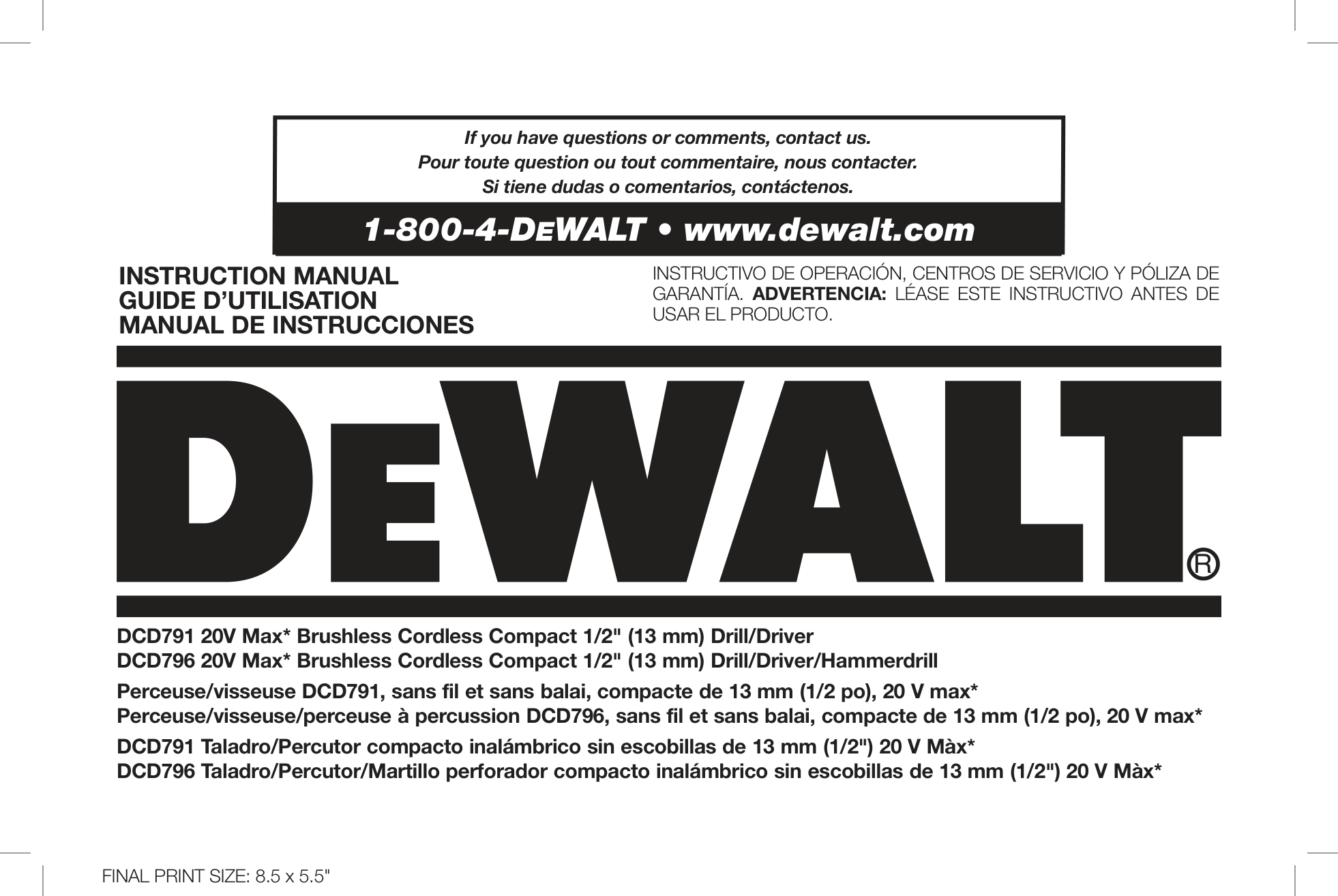 Furadeira DeWalt DCD791/DCD796 20V Max Brushless - capa
